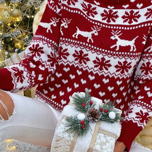 Red Casual Women's Christmas Knit Pullover Drop Shoulder Sweater - Picture 6 of 6